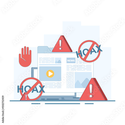 fake news concept, fake information in online news, stop the spread of fake news. Junk news content, Disinformation in newspapers. Stop misinformation on the internet and media. flat illustration.