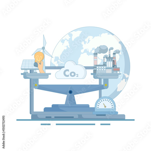 Sustainable Green Energy Concept and CO2 emission reduction and climate impact. CO2 emission reduction. Carbon Footprint and Environmental Awareness. Carbon dioxide neutral balance. Flat design.