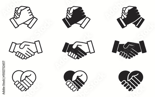 handshake icon set, Soul brother handshake icon, Heart handshake icon in different style, vector illustration