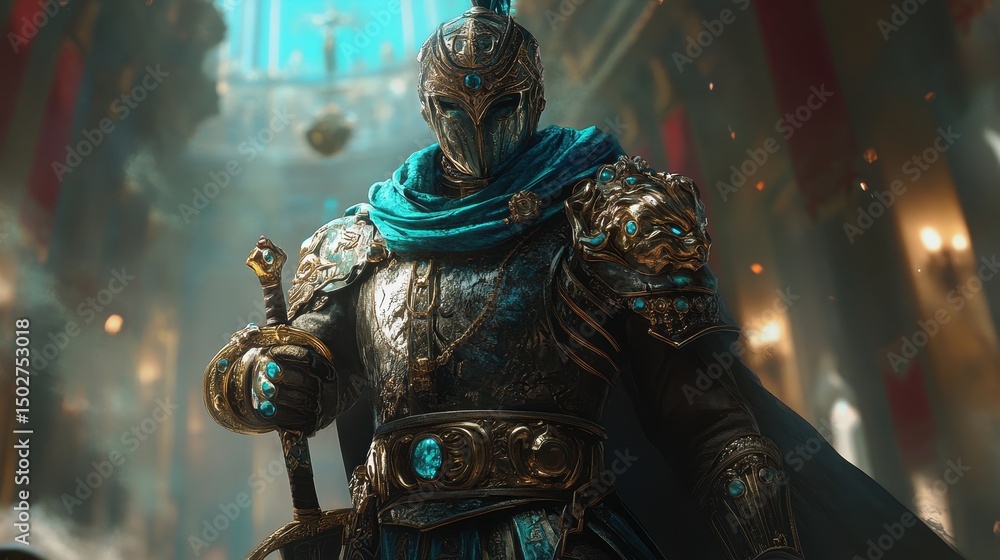 Fototapeta premium Majestic Warrior in Ornate Gold Armor Turquoise Jewels