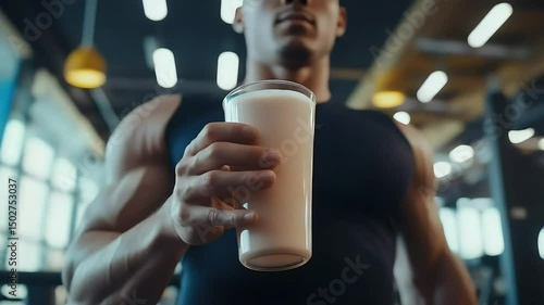 Bodybuilder showing protein shake in gym
