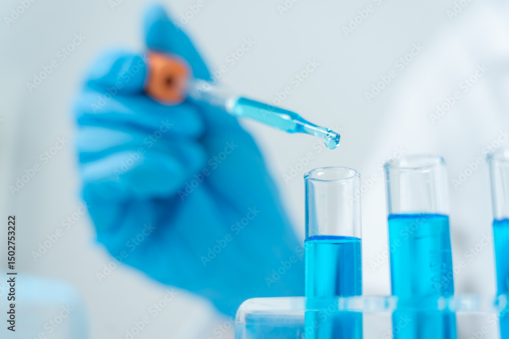 Fototapeta premium Scientist analyze biochemical samples in advanced scientific laboratory. Medical professional use dropper mix microbiological developmental of viral. Biotechnology research in science lab. cosmetic