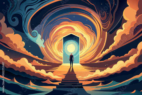 A surreal scene of a person heading towards a mysterious fiery gateway in a cosmic landscape
