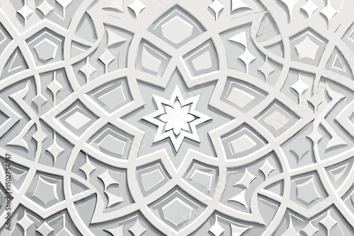 Abstract white geometric motif with intricate details, forming a modern and minimalist symmetrical pattern
