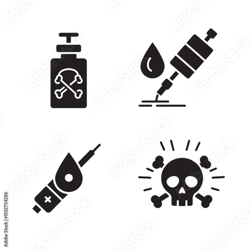 Vector illustration of poisonous substances syringes and skull symbol in black and white