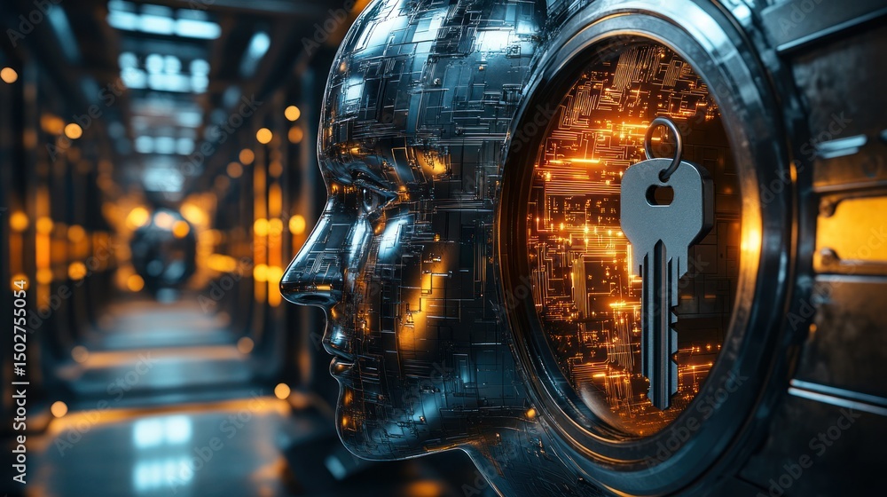 Fototapeta premium Cybernetic head, key to access