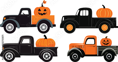 Halloween Trucks with Pumpkins Vector Illustration.