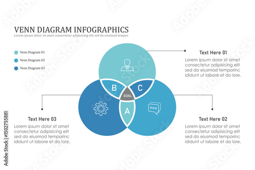 Venn diagram infographic chart template for business 3, 4, parts, options, presentation with venn diagram elements vector illustration.