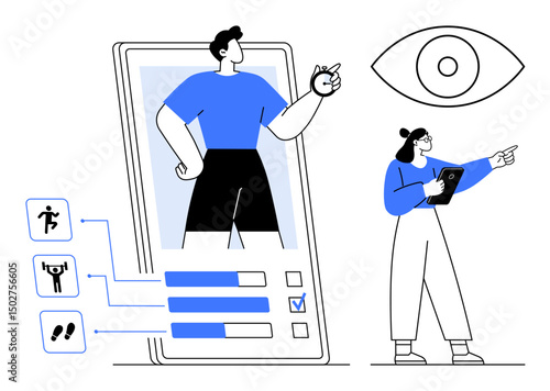Male athlete on mobile screen, progress bars, fitness icons, woman pointing with tablet, and eye icon. Ideal for fitness apps, technology, health tracking, analytics sports goal setting simple