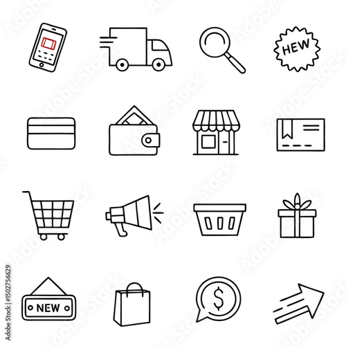 Set of shopping icons in line style. Сollection of web icons for online store, such as discounts, delivery, magnifying glass, payment, app store, coupon, shopping cart. Editable vector illustration