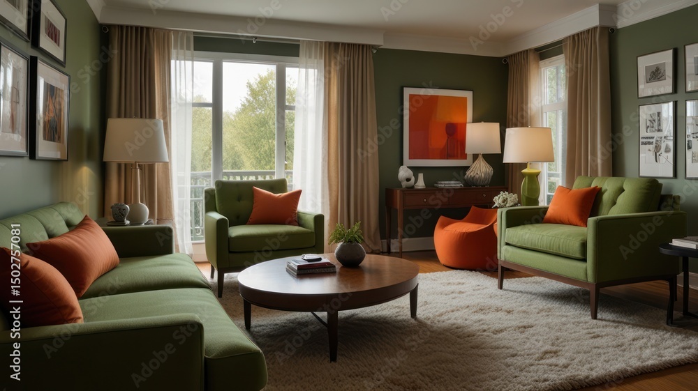 Fototapeta premium Modern living room with green and orange accents