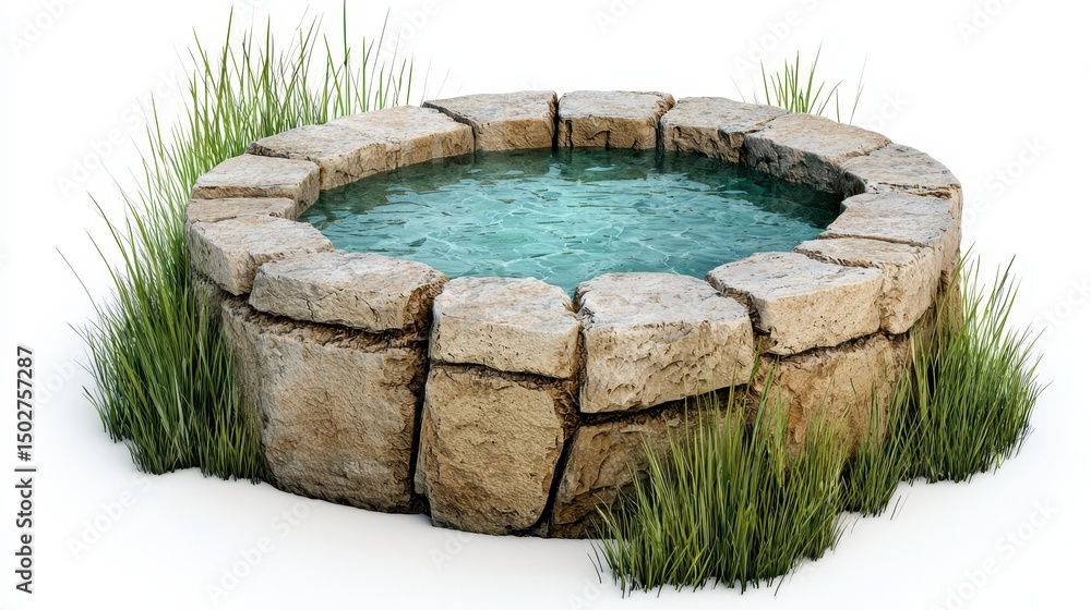 Fototapeta premium Rough Stone Water Well With Clear Water Surrounded by Green Grass on White Background