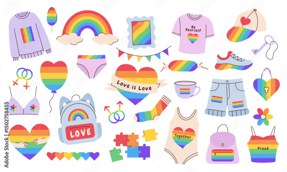 Fototapeta premium LGBTQ pride elements set. Rainbow love elements. Perfect for posters, stickers, cards and Pride Month designs. Vector illustration.