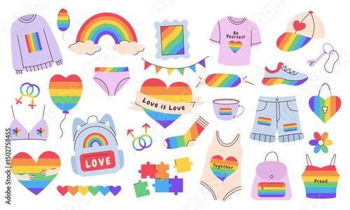 LGBTQ pride elements set. Rainbow love elements. Perfect for posters, stickers, cards and Pride Month designs. Vector illustration.