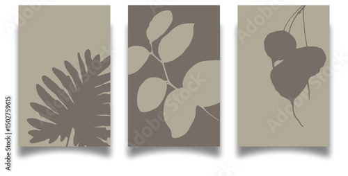 Set of eco elegant and minimalist botanical wall art prints featuring leaves, branches and berries silhouettes in neutral tones for calming, elegant natural design illustration