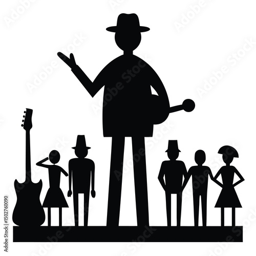 black silhouette of a street musician and audience