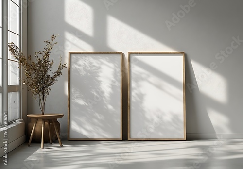 Wooden frame mockup two empty frames with dried flowers on table

