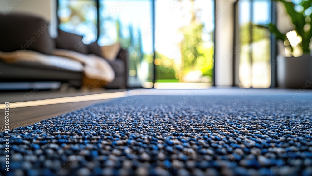 Fototapeta premium Close-up view of textured carpet in modern living room, blurring into patio/garden beyond