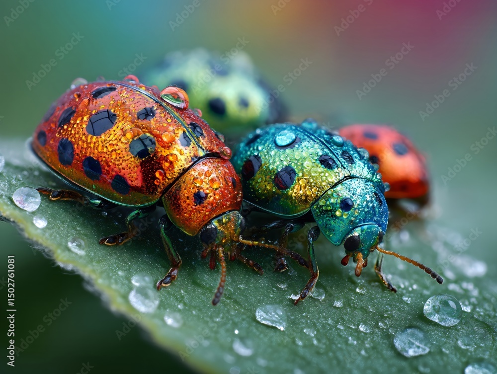 Fototapeta premium Macro shot of iridescent beetles with water droplets on green leaves, vibrant rainbow colors, ideal for nature or biology projects