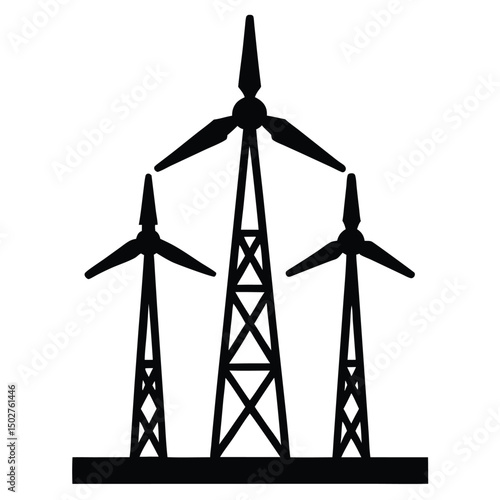 Black and white silhouette of three wind turbines generating green renewable energy