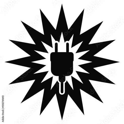 Black electrical plug and energy burst symbol isolated on white background