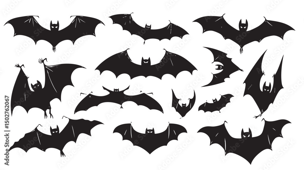 Obraz premium Halloween bat icon set. Bat silhouettes flying , black silhouettes isolated on white background