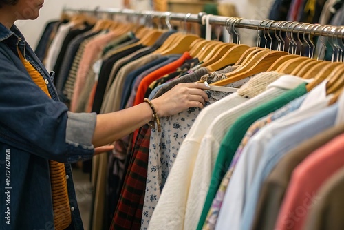 Woman Browsing Colorful Clothing on Wooden Hangers in a Vintage Clothing Store