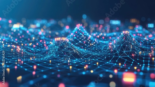 Abstract digital landscape of interconnected nodes and data points forming peaks and valleys, illuminated with vibrant colors