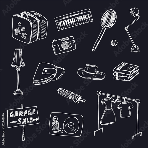 Garage hand drawn doodle set. Vector illustration. Isolated elements on white background. Symbol collection.