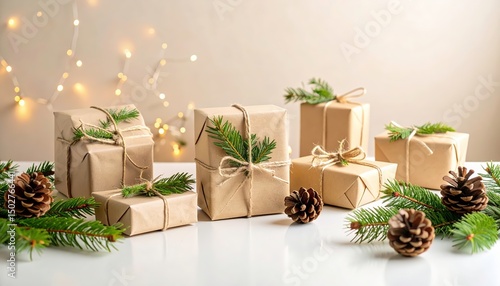 Rustic Gift Wrapping with Evergreen and Pine Cones on White Table