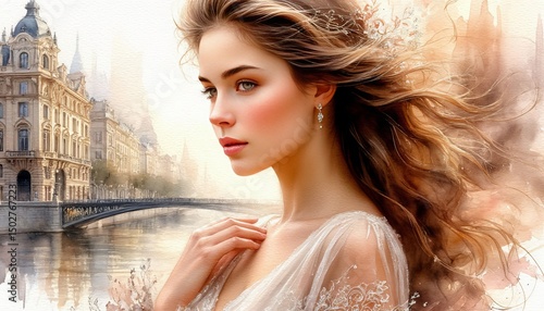 A stunning portrait of a woman with flowing hair, overlooking a picturesque city by the river, capturing a dreamlike quality in 3D, 4K resolution.