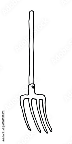 Line drawing of a garden fork tool with long handle and four pointed tines