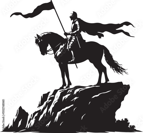 Knight on horseback standing on the rock silhouette image vector