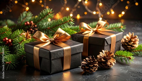 Elegant Black Gift Boxes with Gold Accents and Festive Lights