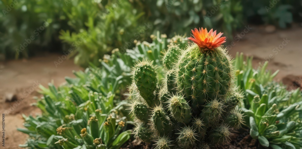 Fototapeta premium A tiny cactus stands proud surrounded by vibrant green plants A botanical microcosm, nature, small, foliage