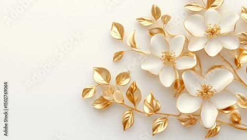 Elegant white flowers with golden leaves on white background