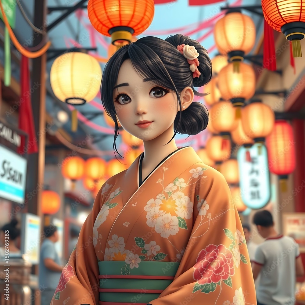 3D realistic illustration of a woman wearing an orange yukata 3D realistic illustration of a woman wearing an orange yukata
