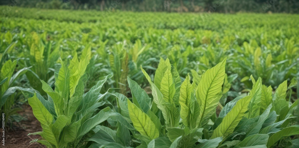 Obraz premium Close-up of vibrant green tobacco plants in a Vinales field, cigar, tobacco