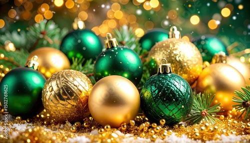 Festive Christmas Ornaments on Snowy Surface with Sparkling Bokeh
