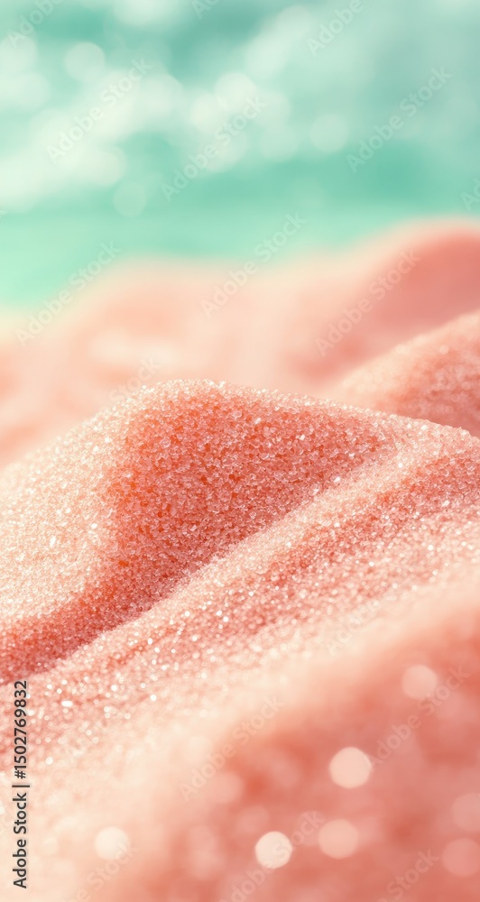 Fototapeta premium Soft, textured, coral-hued surface, blurred background of sky and water