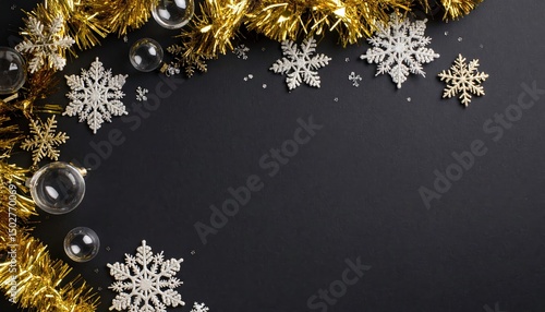 Festive Gold and Silver Winter Decorations on Dark Background