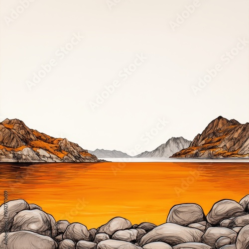 Serene Orange Sunset Landscape with Dark Rocks and Mountains