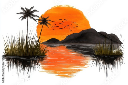 Serene Orange Sunset Over Calm Water With Palm Trees
