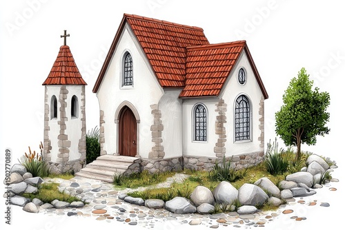 Serene Stone Chapel with Red Tile Roof in a Picturesque Setting