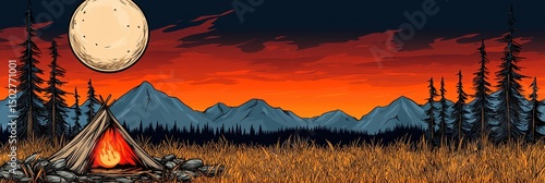 Serene Sunset Campfire Scene Pixel Art Landscape