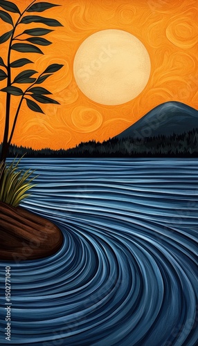 Serene Sunset Landscape Painting Calm Lake with Swirling Water, Island, and Orange Sky