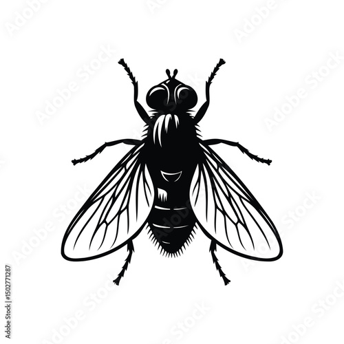 Minimalist fly vector art detailed silhouette of a common black fly diptera insect symbol for pest control and sanitation awareness concepts