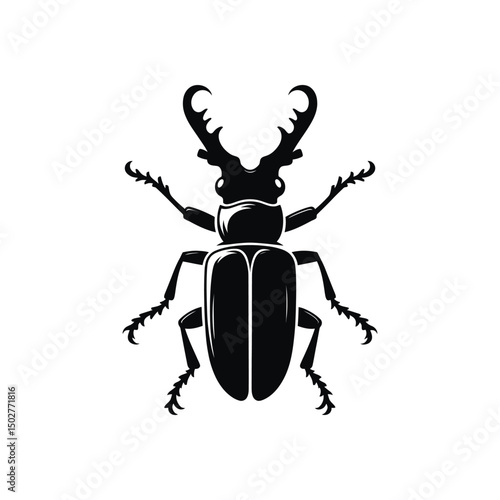 Minimalist stag beetle vector art detailed silhouette of a male beetle with large mandibles insect symbol for wildlife and coleoptera studies
