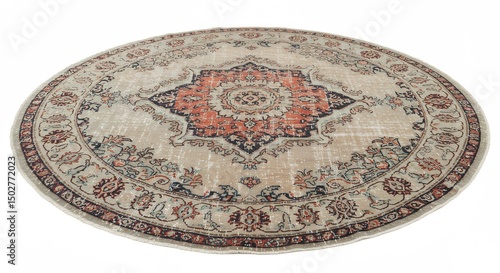 Vintage round rug with beige background and intricate designs
