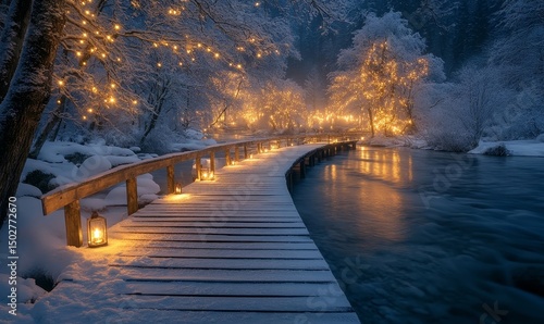 Wallpaper Mural Lantern-lit boardwalk crossing a frosty river surrounded by snow-laden trees glowing softly, Generative AI Torontodigital.ca